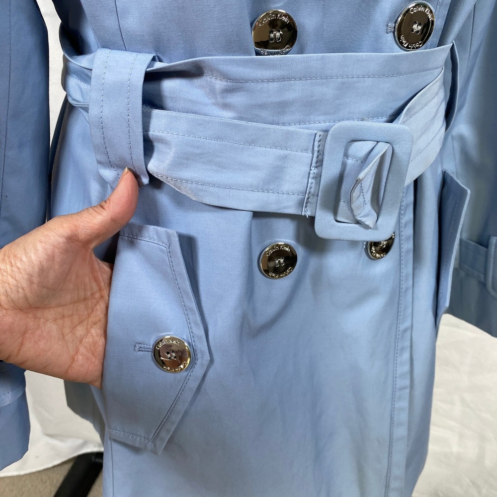 Calvin Klein Belted Double Breasted Trench Coat Women L Blue Chic Career Office - Picture 10 of 12